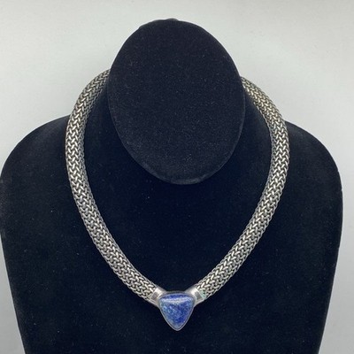 Sterling Silver 925 Blue Stone Woven Braid Choker Necklace 14'' 116.5g