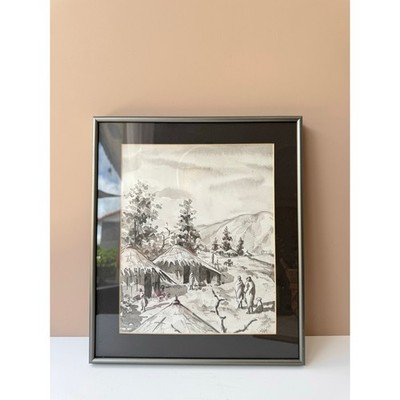 Vintage Hand Painted Watercolor Native American Village Tribe Scene Gray & White