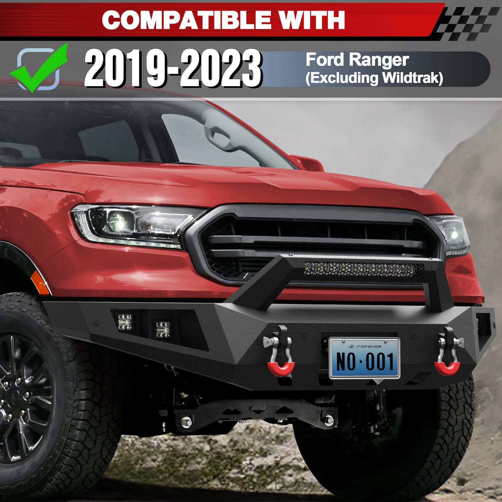 Front Bumper or Rear Bumper W/Winch Plate&LED Lights For 2019-2023 Ford Ranger