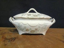 O. P. Co. Covered Serving Dish Gold Floral Pattern