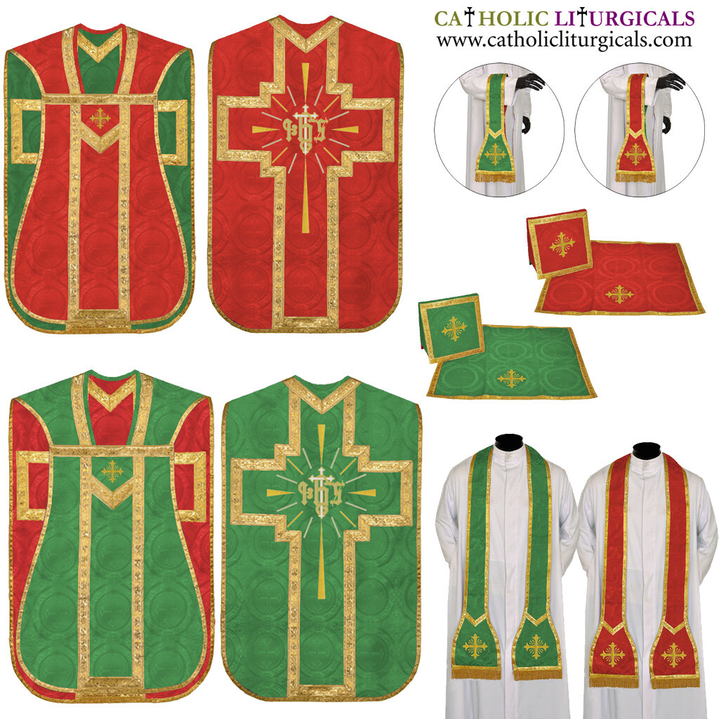 Red and Green Reversible Travel Fiddleback Vestment IHS with 5pc mass set