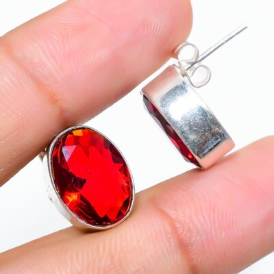 Mozambique Garnet Gemstone Handmade 925 Sterling Silver Jewelry Earring Size 1''