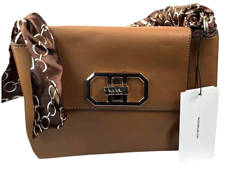 Nicole Miller Brown Vegan Leather Shoulder Bag with Gold Twist Lock and Scarf Accent