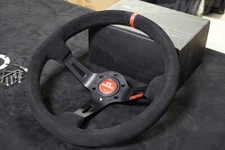 MOMO Suede Leather Deep Dish Racing Red horn Steering Wheel Black Red 13in