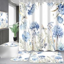 4-Piece Blue Floral Shower Curtain Set Butterfly Flowers Bathroom Set with