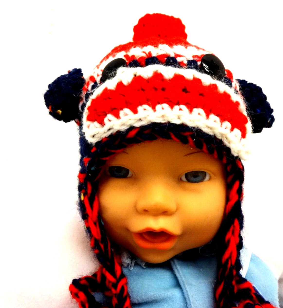 BABY Monkey Handmade Crocheted Winter Hat 6-12 Months Red Blue New