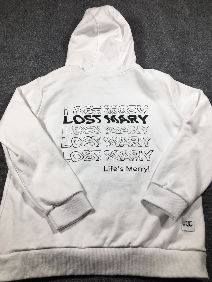 Sudadera con Capucha Lost Mary Grande Blanca con Negro 2 Caras Logo Gráfico Pullover Cordón Foto 4 de 4