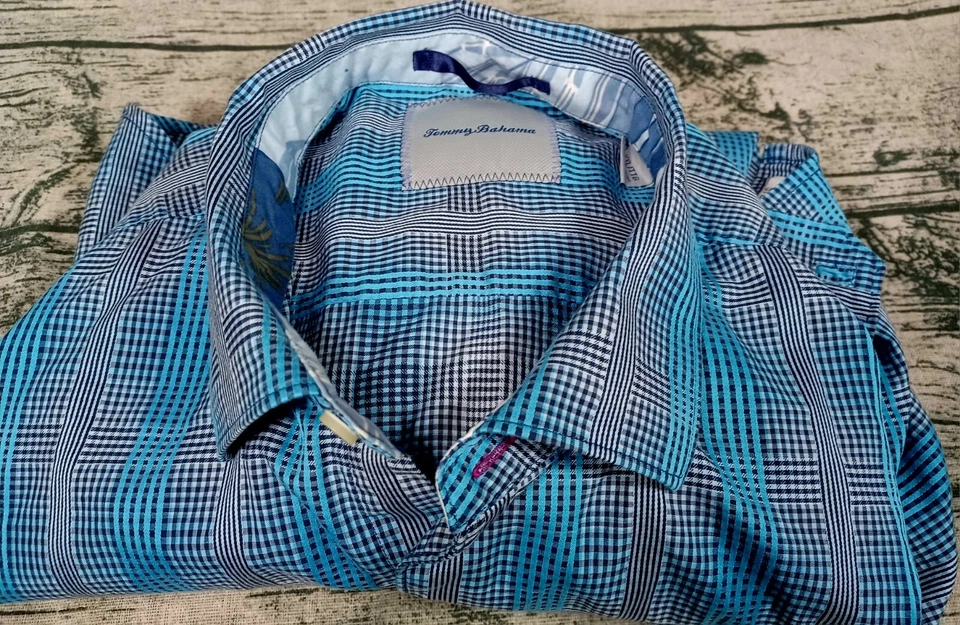 Camisa de vestir Tommy Bahama para hombre azul algodón a rayas cuello abotonado XXL 32-33 Foto 4 de 4