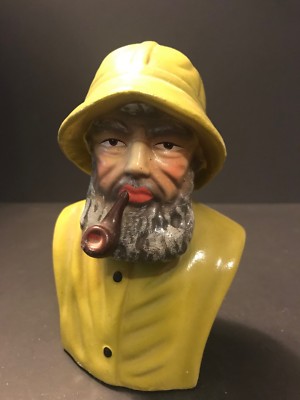 Vtg E Coast Boat Captain Fisherman Chalkware Bust Figurine Yellow Rubbers Japan