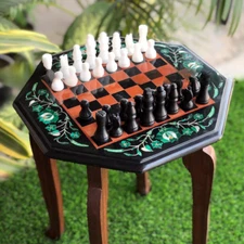 14" Black Marble Chess Table Top Handmade Chess Board Semi Precious Inlay Stone