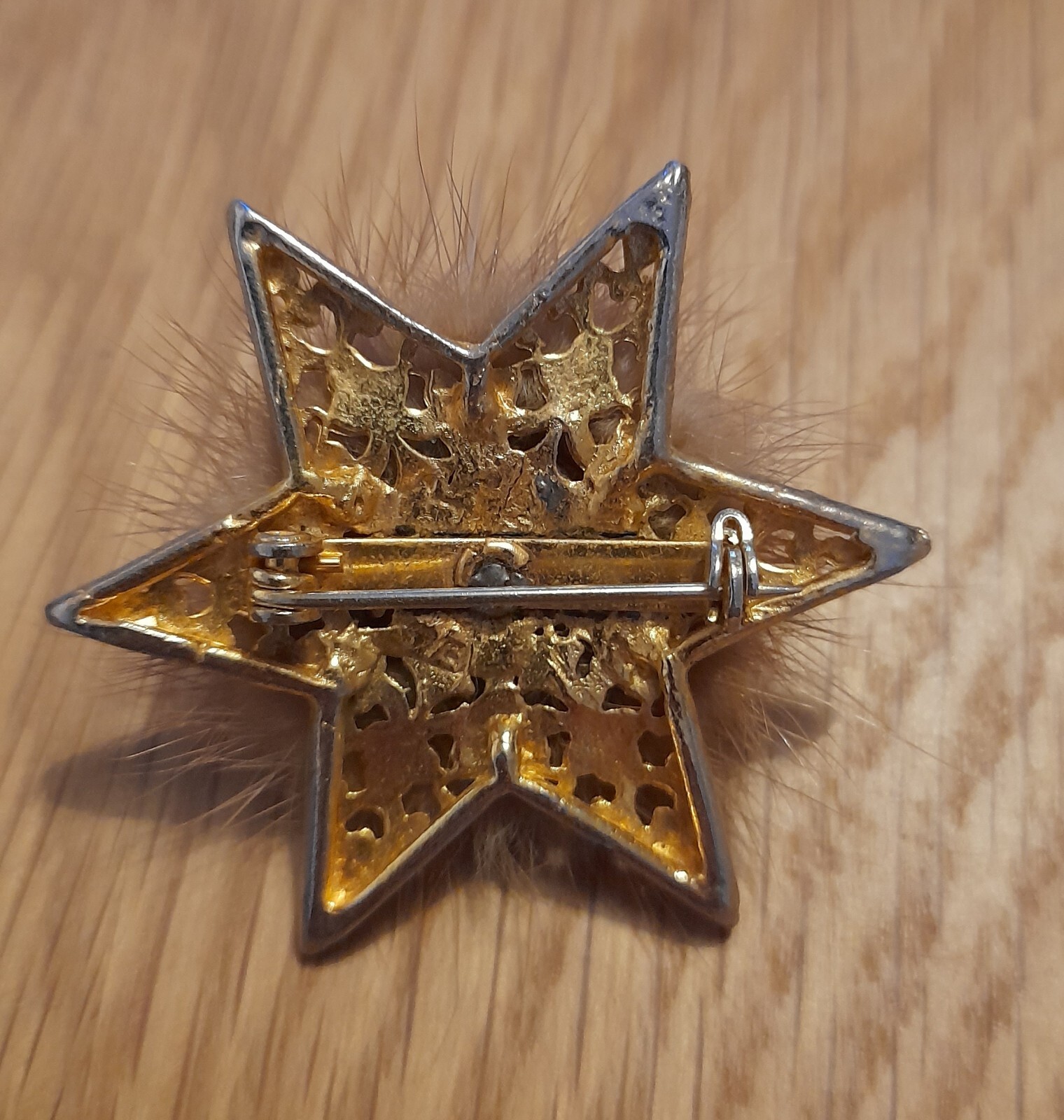 Vintage Gold Star Brooch with Fur and Crystals with Working Pin and