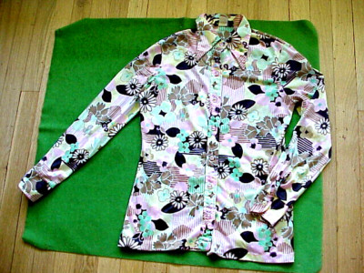 VTG 70s Psychedelic Flower Power Print Blouse Size S  6/7 Panther Disco Shirt
