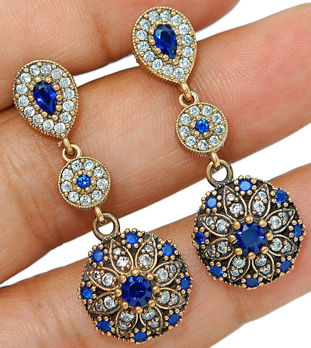 Stylish Ottoman Empire Inspired 6CT Treated Sapphire 925 Sterling Silver Earrings AB3529