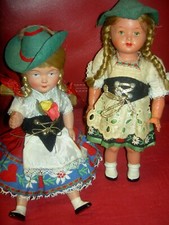 PAIR cute celluloid, vintage 1950s German Bavarian dressed dolls excellent cond.
