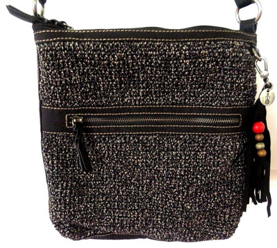 The Sak Women's Handbag Purse Gray Black Crochet Satchel Zip Top Pockets Key