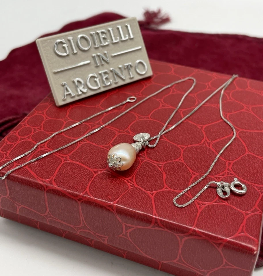 COLLANA DONNA FIRMATA ARGENTO 925 LACCIO CIONDOLO DI PERLA NATURALE ROSA E OVALE - Immagine 3 di 4