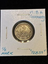 1918 A Germany 1/2 Mark Silver World Coin “feb59”