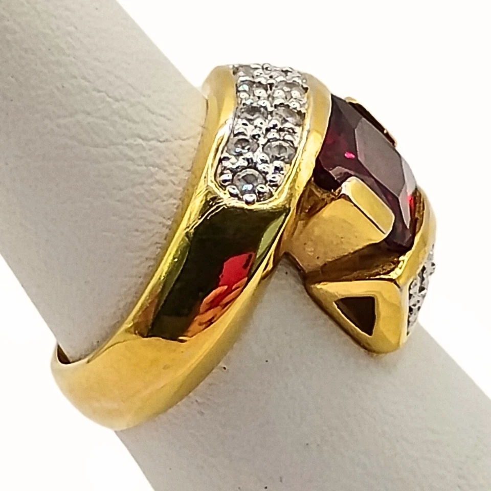 Anillo Vintage Tono Dorado Simulado Rubí Circón Cúbico Mujer 6 Audaz Declaración Glamour Foto 3 de 4