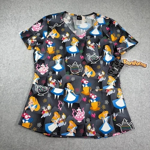 Nuevo con etiquetas Blusa Médica Cherokee Tooniforms Disney Alicia en el País de las Maravillas Pequeña Cuello en V NUEVA Foto 2 de 4