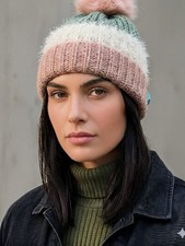 New Retro White Pink Gray Design Chunky Knit Beanie Pom Pom Cuffed Winter Unisex