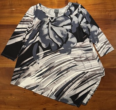 Clara Sun Woo Women s Striped Artsy Tunic Blouse Asymmetrical Hem 3/4 Sleeve S