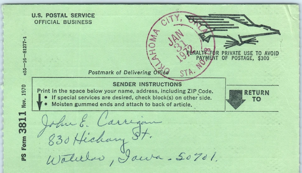 c1970 Оклахома-Сити, OK США Сертифицированная почтовая квитанция форма 3811 C60 - Изображение 3 из 3