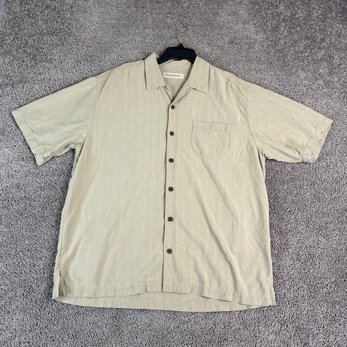 Tommy Bahama Hemd Herren Large hellbraun Seide Island Chop Shop bestickt Zigarre Freizeit - Bild 7 von 11