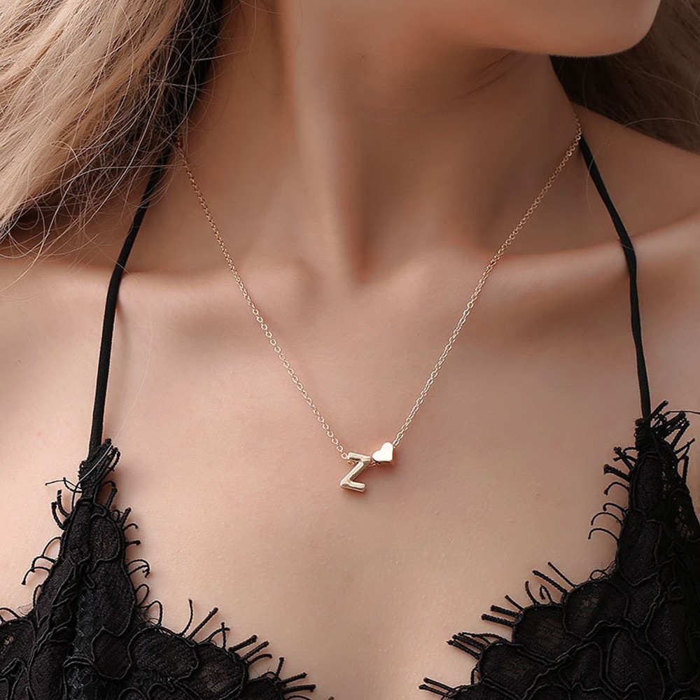14K Gold Plated Initial Letter Necklace A-Z Heart Pendant Women Gift