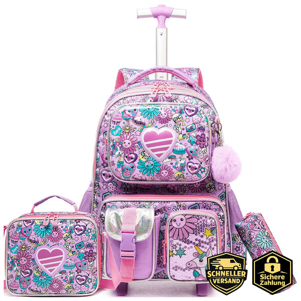 Schulranzen Trolley MäDchen Mit Rollen Schulrucksack Reisetasche Kinder-image