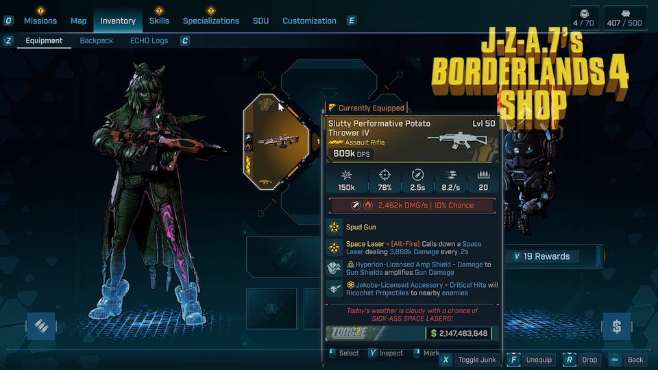 Borderlands 4 MODDED 609K DPS SPACE LASER POTATO THROWER IV AR BL4 PC ...