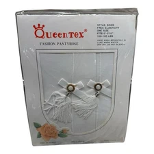 Queentex Fashion Back seam pantyhose bows tassels One Size White Sheer to Waist