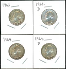 Lot of (4) Coins - 90% Silver Washington Quarters - 1963-P & D, 1964-P & D