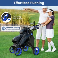 Image of 4-wheel Golf Trolley Push and Pull Golf Trolley with Scoreboard Bag-Blue