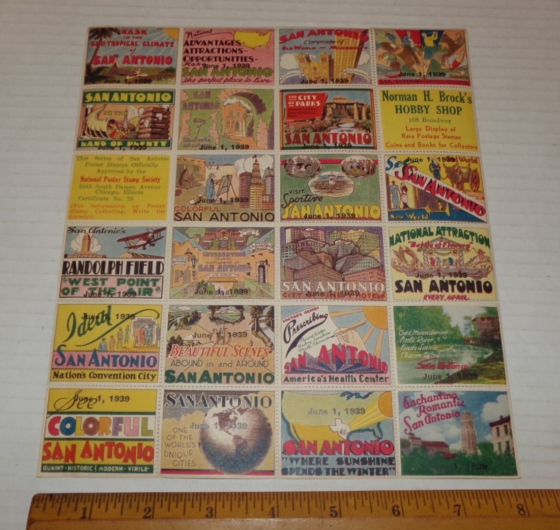 SHEET OF 24 POSTER STAMPS SAN ANTONIO TEXAS OVERPRINTED JUNE 1, 1939 WORLDS FAIR