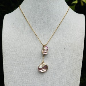 Authentic Baroque Pearl Lariat Necklace 925 Gold Plated Handmade Adjustable Double Drop
