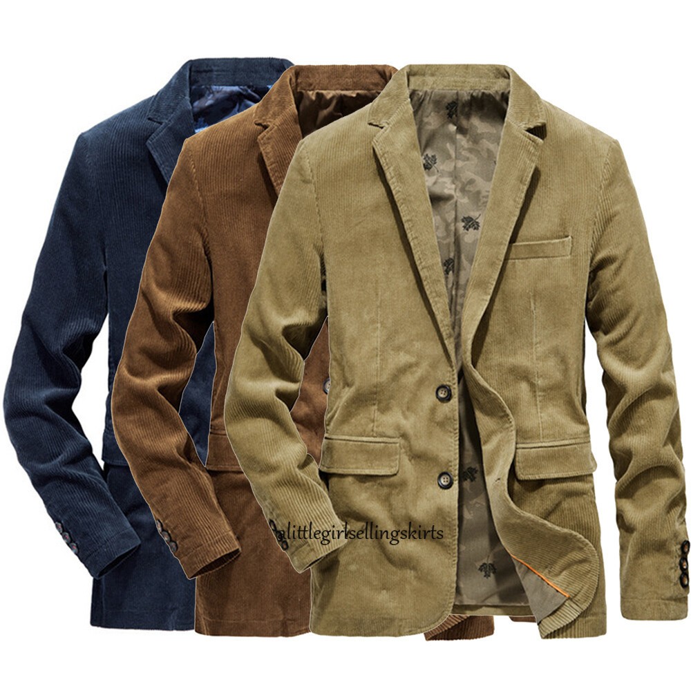 Mens Corduroy Suit Jacket Smart Casual Notch Lapel Cord Blazer Coat Vintage Tops