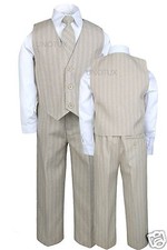 4pcs Vest Sets Boys Pinstripe Formal Wedding Tuxedo Suits Khaki Taupe Beige S-20