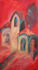 Expressionist oil painting landscape church