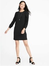 Old Navy Black Floral Long Sleeve Crew Neck Crepe Shirred Shoulder Shift Dress S