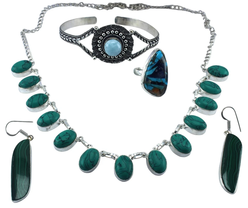 Handmade Turquoise Jewelry Set Bracelet Necklace Ring &Green Malachite Ear Ring - Image 3 of 4