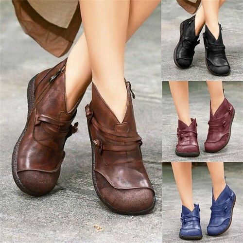 Womens Flat Ankle Boots Ladies Vintage 
