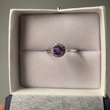 Natural Round Amethyst Halo Design Ring Size 7.25 925 In Sterling Silver