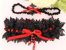 Black Guipure Lace Garter Set with Red Satin Ribbon Art Deco