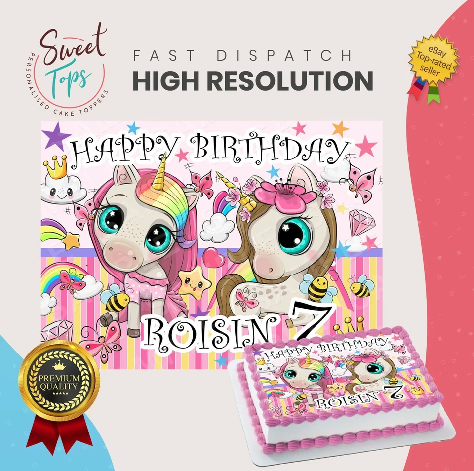 UNICORN RECTANGLE EDIBLE CAKE TOPPER DECORATION PERSONALISED - Image 1 of 1