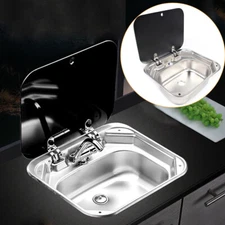 RV Caravan Camper Stainless Steel Hand Wash Basin Kitchen Sink w/ Lid+Faucet Kit