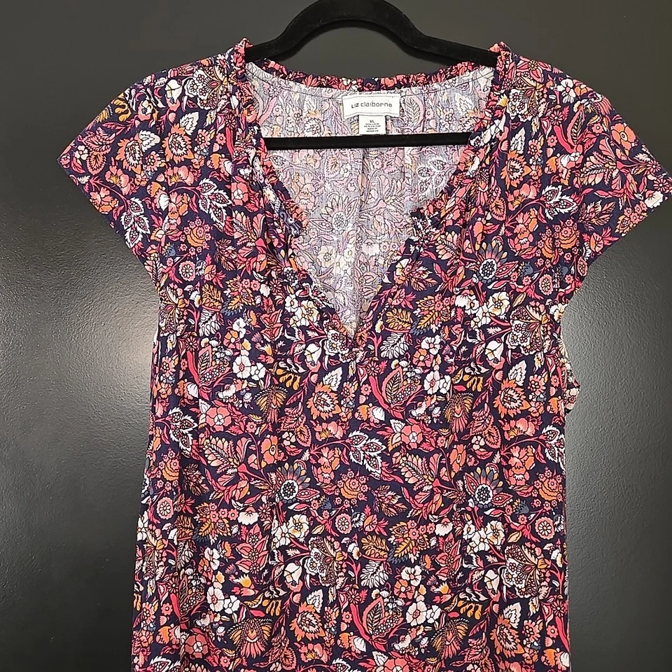 Liz Claiborne Linen Floral Midi Dress Women's XL Cotton Blend V-Neck Pockets - Image 2 of 4