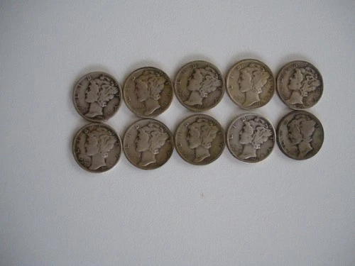 [Lot of 10] Mercury Dimes 1917-1944 90% Silver Good details