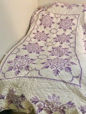 Vintage Handmade Purple Floral Cross Stitch Embroidered Quilt