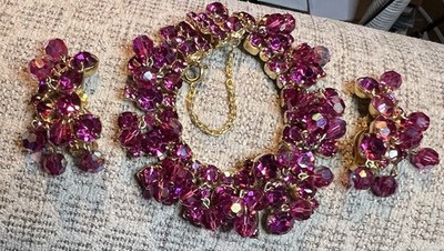 JULIANA Dark Pink Fuchsia Crystal ChaCha Bracelet Earrings Gold Tone