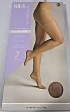 Silk Impressions Panty Hose XL Sheer High Waisted Ultra Fine Soft 15D Tan 2PK